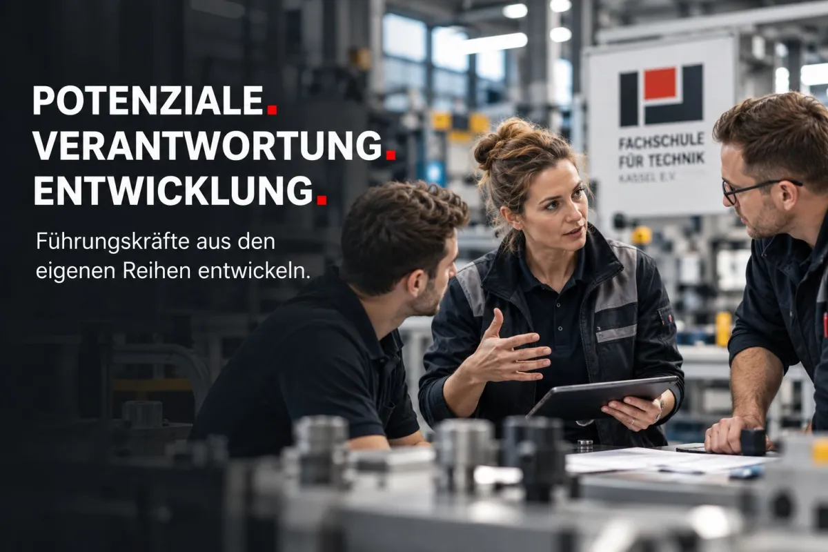 Führungskräfte aus den eigenen Reihen entwickeln und gezielt auf neue Verantwortung vorbereiten. (© KI-generiertes Bild: OpenAI / Fachschule für Technik Kassel e. V.)