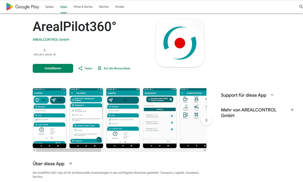 ArealPilot 360° App im Google PlayStore: Workflow Fragebogen Tätigkeiten Ortung Tracking Chat! (© AREALCONTROL GmbH)