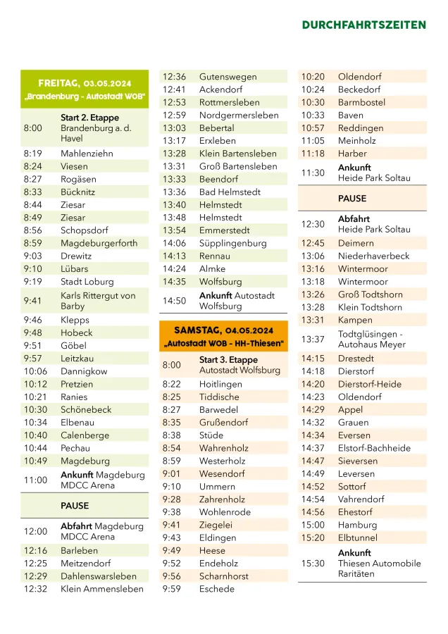 Diese Ortschaften wird die 15. HAMBURG BERLIN KLASSIK zu den angegebenen Zeiten passieren (© B&M Marketing)