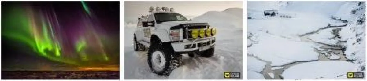 Fotos v.l.: Nordlichter in Island, Super Jeep (Foto von Extreme Iceland), Lan