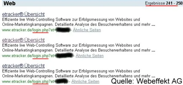 Bild: eTracker-Kundendaten über Google für Unbefugte einsehbar