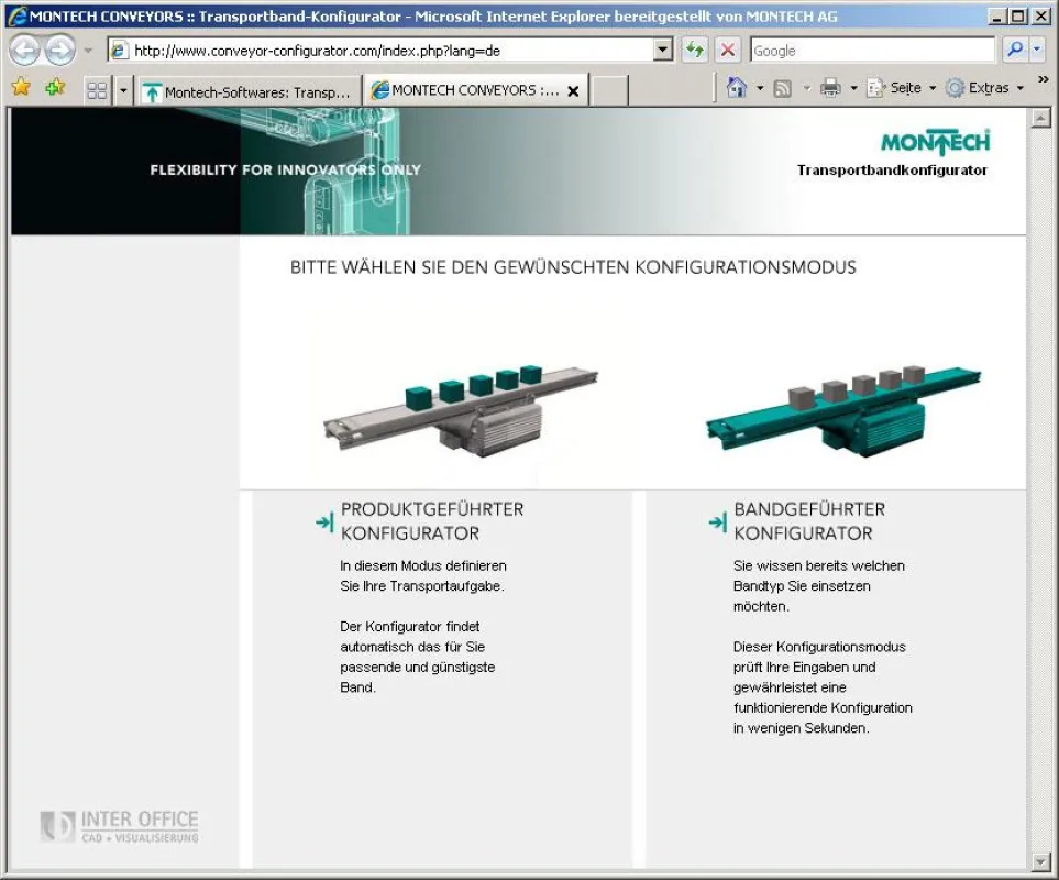 Der Nutzer des Transportband Konfigurators wählt zu Beginn zwischen einer produktgeführten und einer bandgeführten Version.