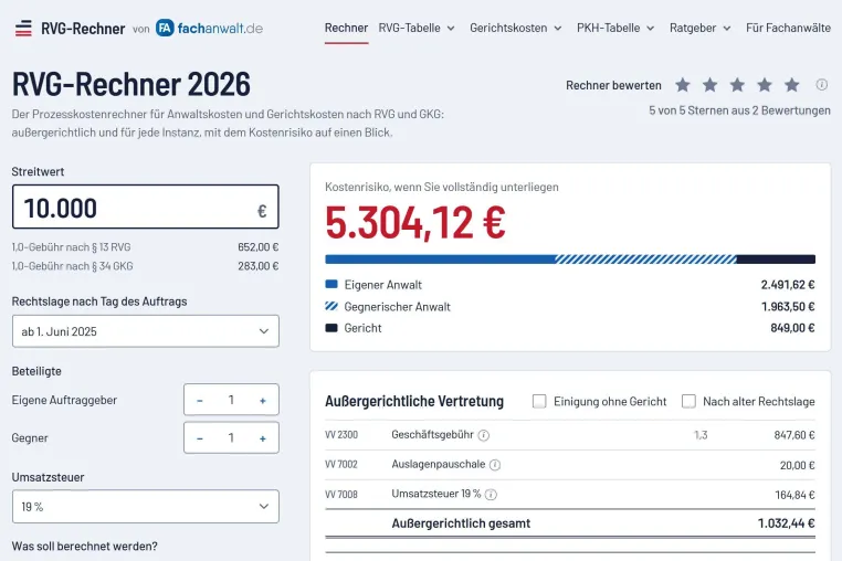Bild: Neuer RVG-Rechner für Anwälte: Prozesskosten berechnen, Varianten vergleichen und Ergebnisse teilen