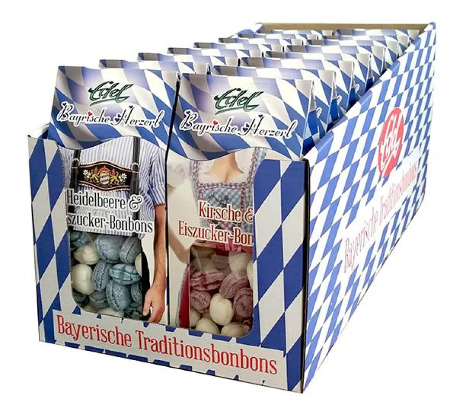Bayrische Herzerl-Bonbons im sortierten Thekenaufsteller