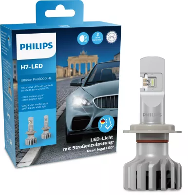 Bild: Unsere LED-Nachrüstlampe mit Straßenzulassung für Autofahrer in Deutschland: Philips Ultinon Pro6000 H7-LED