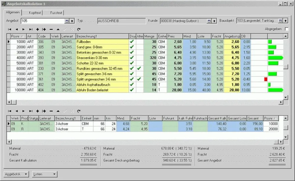 Der Screen stellt die Angebotspositionen so dar, wie sie später auch gedruckt werden.