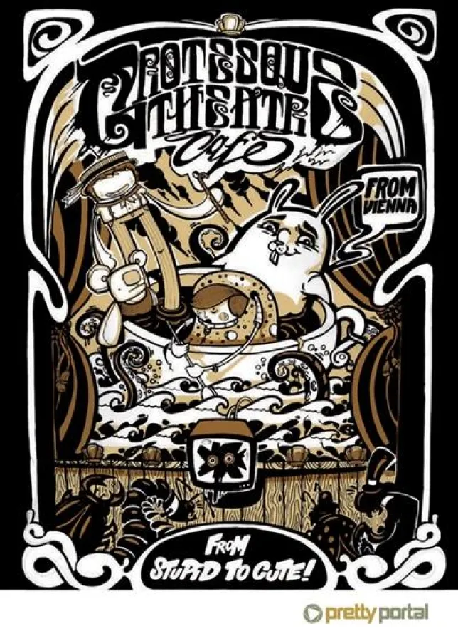 Grotesque Theatre Café eine Gruppenausstellung von: Nychos, joy-maedi-evil-art und El Lasso in der Galeie Pretty Portal in Düsseldorf