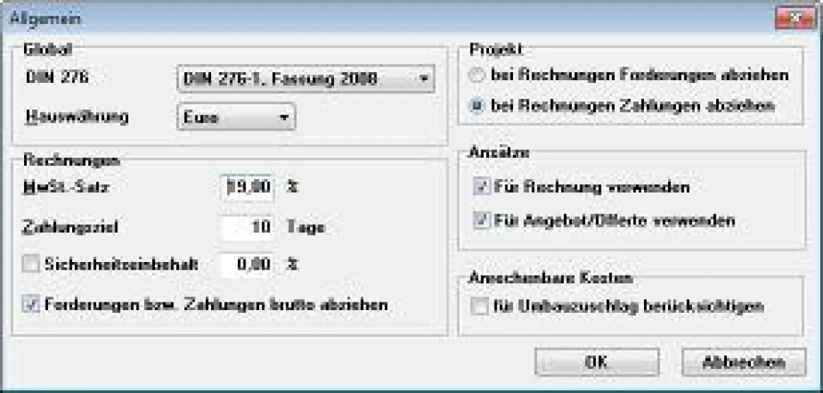 Rechnungsvoreinstellungen in S-HOAI
