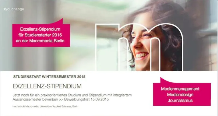 Hochschule Macromedia Berlin vergibt Exzellenz-Stipendium zum Studienstart 2015 Bild: Hochschule Macromedia Berlin vergibt Exzellenz-Stipendium zum Studienstart 2015