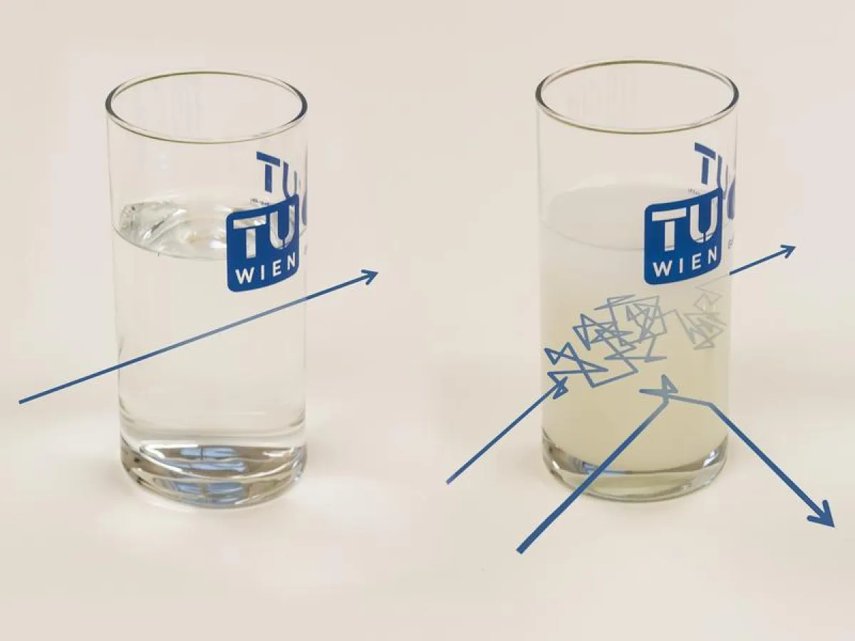Im Falle einer transparenten Flüssigkeit sind Lichtpfade geradlinig. Im Falle einer Trübung werden Lichtpfade durch Streuung komplizierter. Manche der Pfade werden dadurch länger, manche kürzer. (TU W
