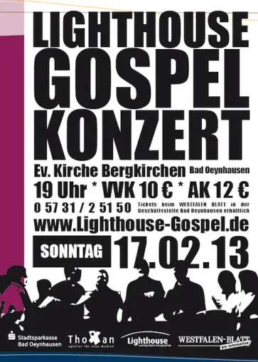 Jahreskonzert des Lighthouse Gospelchors am 17. Februar in Bad Oeynhausen Bild: Jahreskonzert des Lighthouse Gospelchors am 17. Februar in Bad Oeynhausen