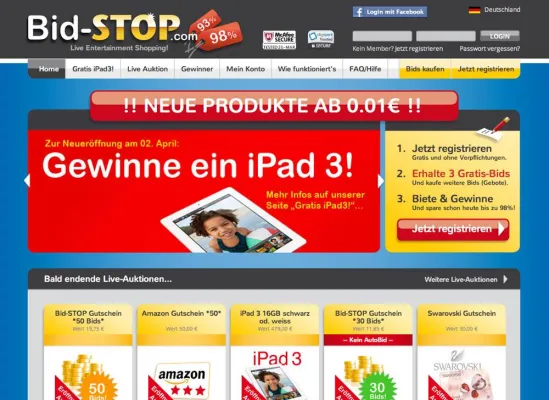 Bild: Neue Auktionsplattform bietet Markenprodukte und Gutscheine ab 0.01 €