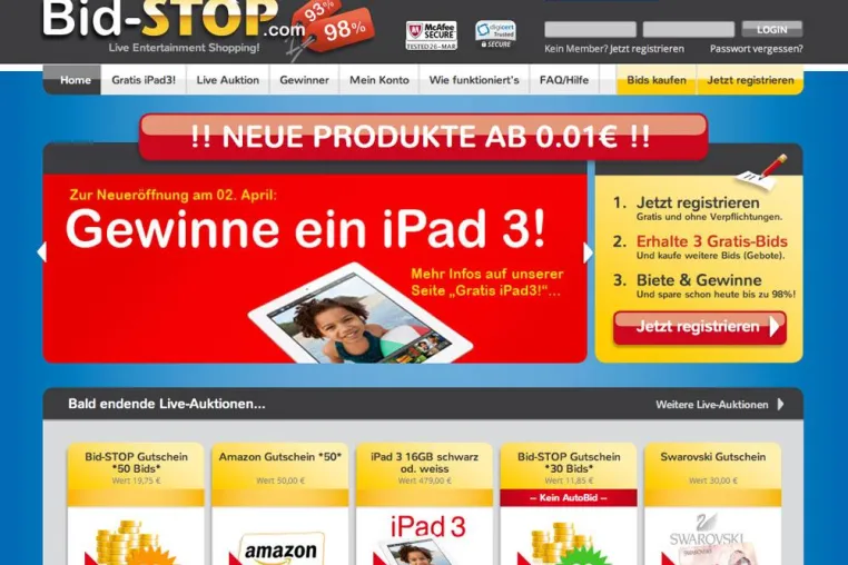 Neue Auktionsplattform bietet Markenprodukte und Gutscheine ab 0.01 € Bild: Neue Auktionsplattform bietet Markenprodukte und Gutscheine ab 0.01 €