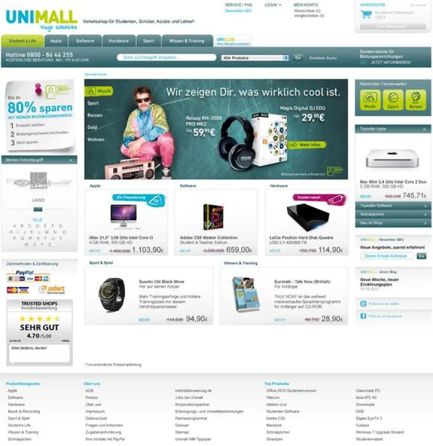 Neu gestaltete Homepage von Unimall