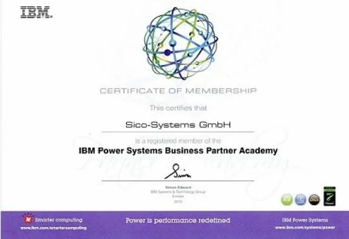 Bild: sico-systems GmbH erhält IBM Mitglieds-Zertifikat "IBM Power Systems Business Partner Academy"