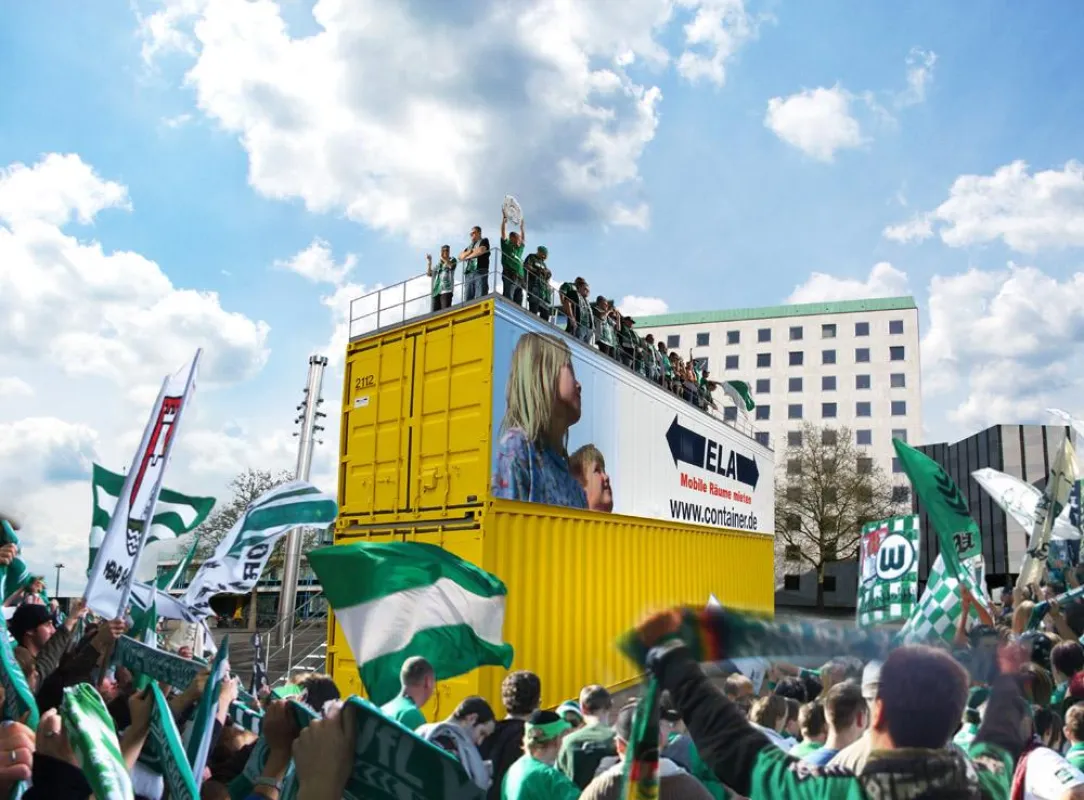 Diese Fotomontage zeigt, wie der mobile ELA-Balkon auf dem Rathausplatz in Wolfsburg aussehen kann.