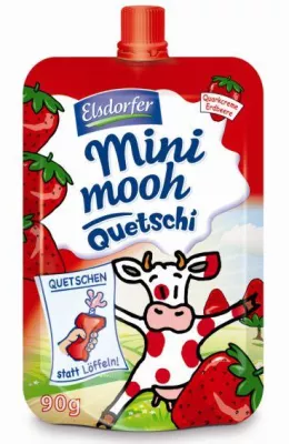 Bild: Löffelfreier Quarkgenuss für unterwegs. „Mini mooh Quetschi“ von Elsdorfer im praktischen Quetschbeutel