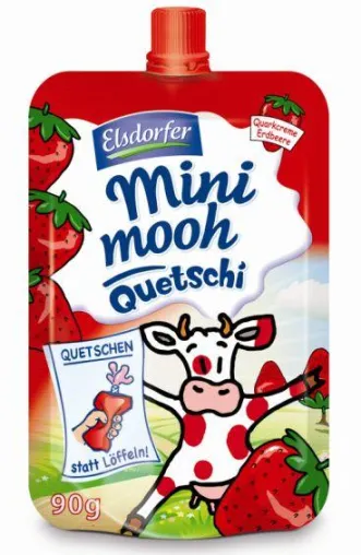 Bild: Löffelfreier Quarkgenuss für unterwegs. „Mini mooh Quetschi“ von Elsdorfer im praktischen Quetschbeutel