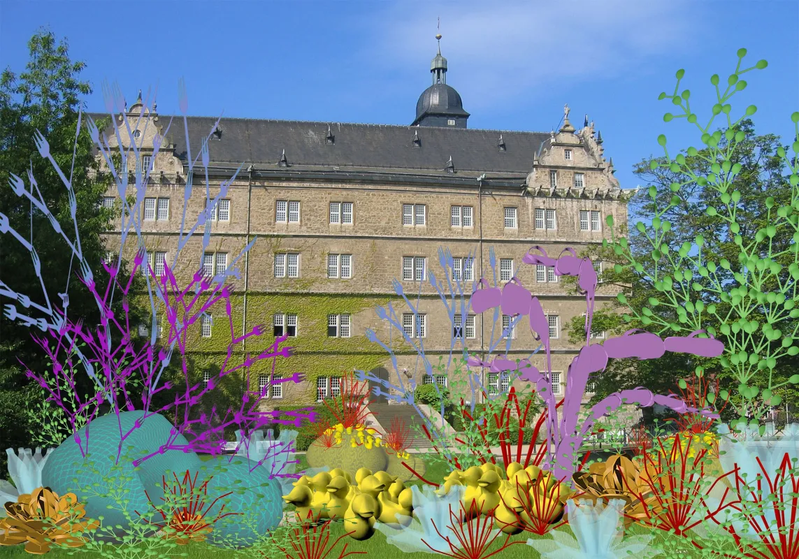 Tamiko Thiel und p/ : Unexpected Growth, AR-Installation, 2018. Visualisierung vorm Schloß Wolfsbu…. (© Tamiko Thiel und p/; Hintergrundfoto: Clemensfranz/WikiMedia)