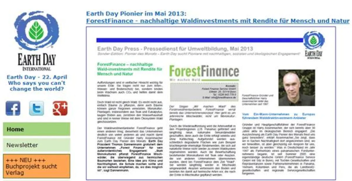 Auszeichnung als Earth Day Pionier für ForestFinance