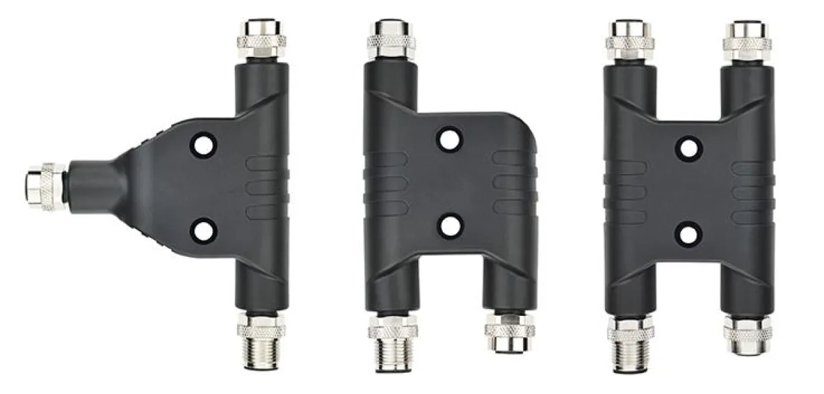 Die neuen M12x1-Powerverteiler von ESCHA in den Bauformen 'T', 'h' und 'H' (vlnr).