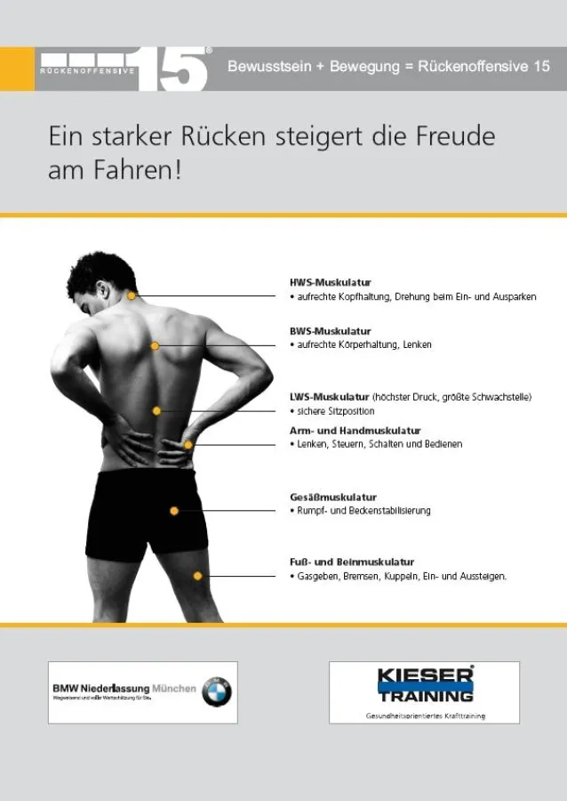 Ein starker Rücken steigert die Freude am Fahren! Rückenoffensive 15 ® in der BMW Niederlassung München Filiale Innenstadt Dachauer Straße auf dem \