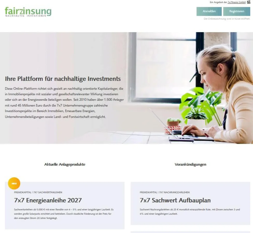 Die Seite fairzinsung.com bietet nachhaltige Investments an.