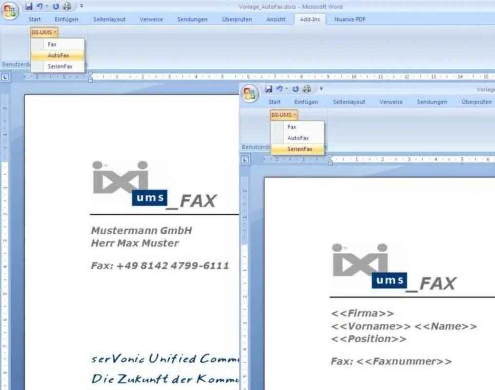 Komfort am Arbeitsplatz: Mit den Word-Makros der IXI-UMS Clients Tools stehen dem Benutzer Funktionen wie Auto- und Serienfax direkt in Microsoft Office Word 2010 zur Verfügung