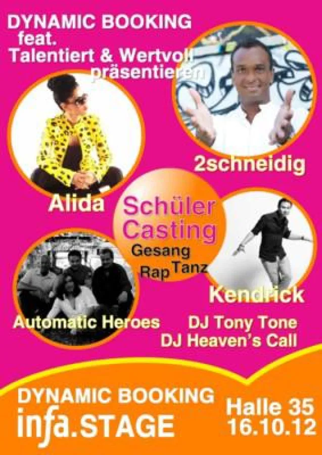 Dynamic Booking Infa Bühne mit Talentecasting und Live-Acts wie 2schneidig, Kendrick, Alida