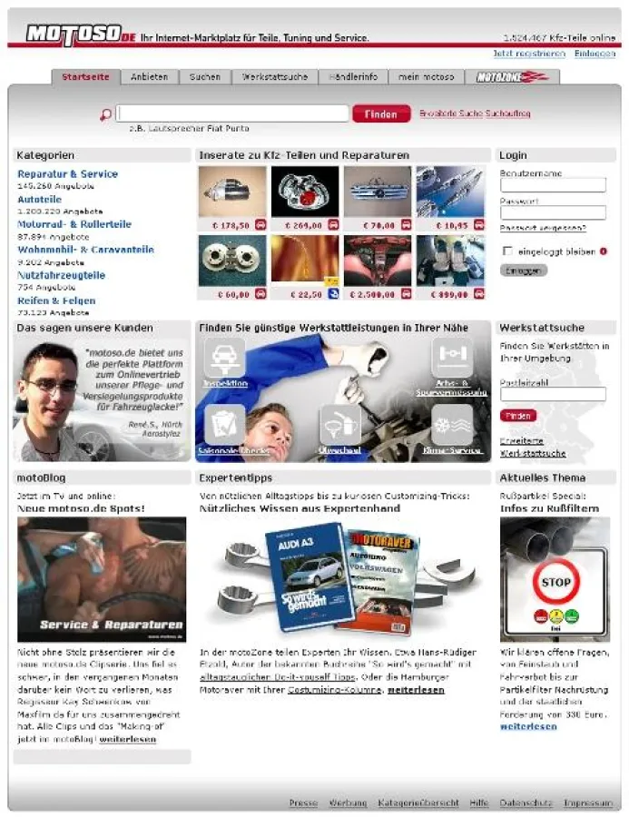 Die aktuelle motoso.de Startseite mit neuer Hauptkategorie \
