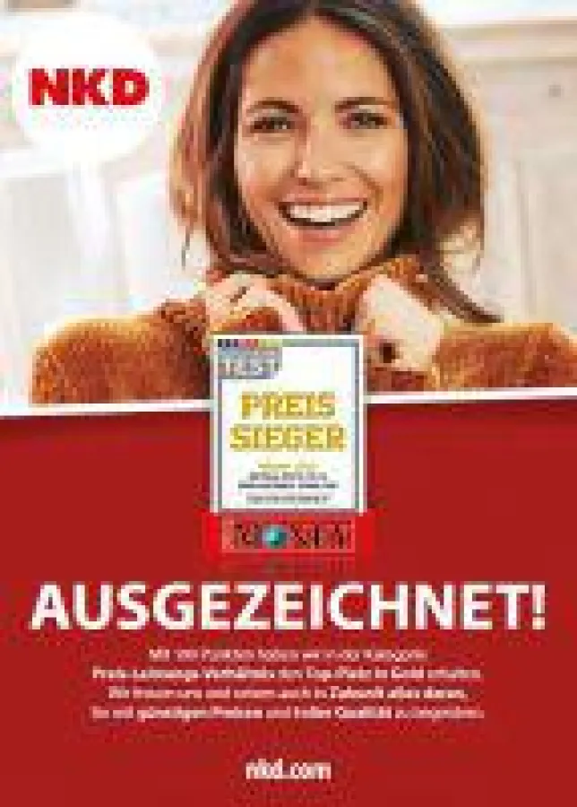 Ausgezeichnet! Mit 100 Punkten hat NKD in der Kategorie Preis-Leistungs-Verhältnis den Top-Platz in Gold erhalten.