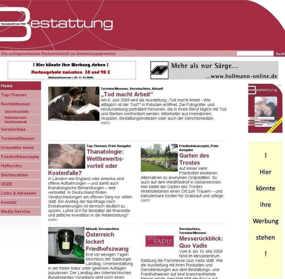 Auf www.bestattung-zeitschrift.de finden sich täglich neue Meldungen rund um die Themen Bestattung, Friedhof und Recht.