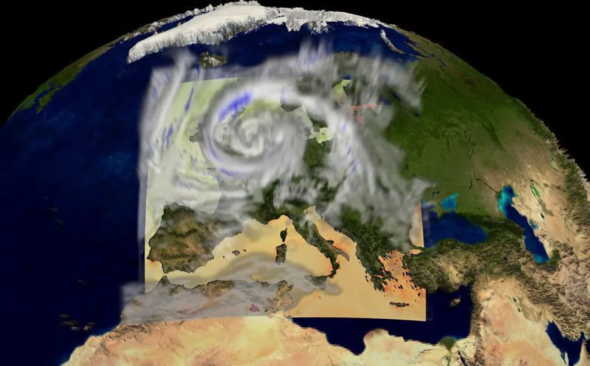 Das Bild zeigt das Tiefdruckgebiet, das 1999 zum Pfingsthochwasser geführt hat.  (©LRZ/BAdW)