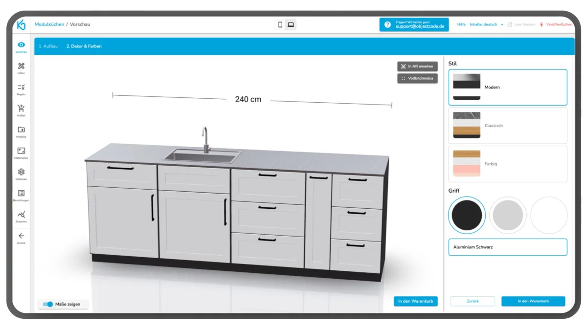K3-Modulküche: Editor für eigenständige Pflege von Produktdaten und 3D-Modellen. (© ObjectCode GmbH)
