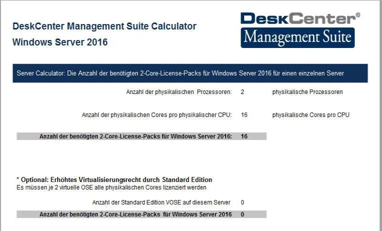 DeskCenter bietet ersten Lizenzkalkulator für Microsoft Windows Server 2016 Bild: DeskCenter bietet ersten Lizenzkalkulator für Microsoft Windows Server 2016