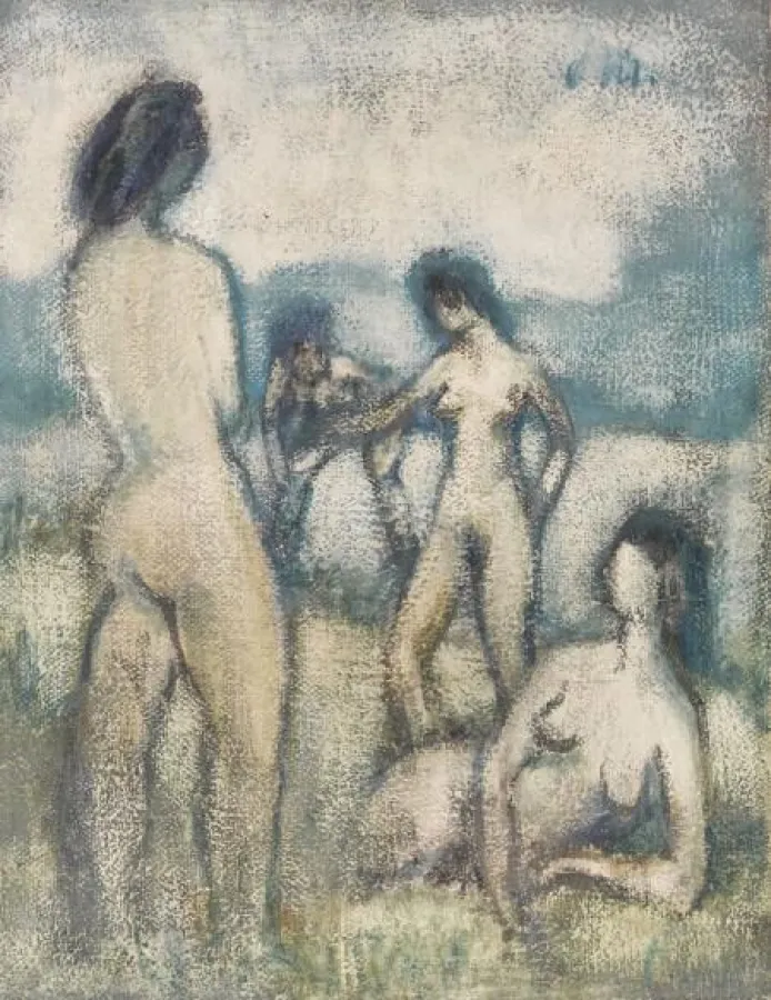 Otto Mueller, Vier Badende, wohl 1910. Leimfarbe auf Rupfen, 90 x 69,8 cm. EUR 300.000-400.000