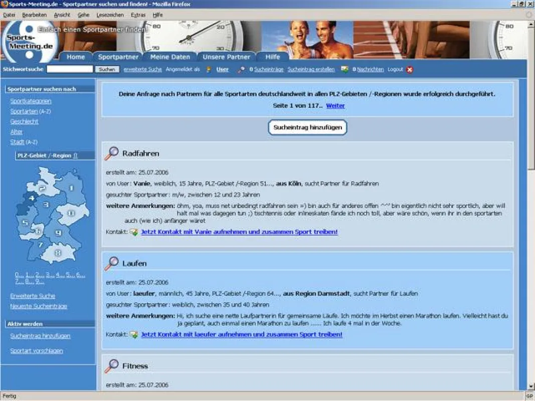 Screenshot: Sportpartner-Suche auf Sports-Meeting.de