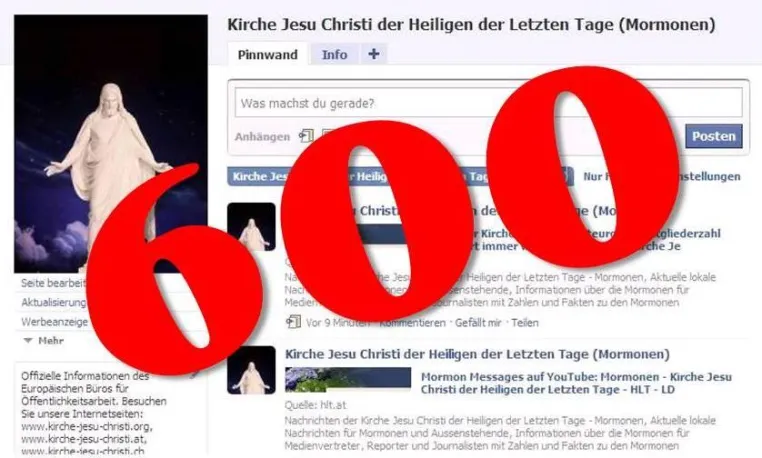 600. „Fan“ meldet sich auf Facebook-Seite der Kirche Jesu Christi an Bild: 600. „Fan“ meldet sich auf Facebook-Seite der Kirche Jesu Christi an