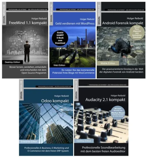 Bild: E-Book-Abo mit fünf neuen Titeln zu Android Forensik, Audacity 2.1, FreeMind 1.1, Odoo und WooCommerce