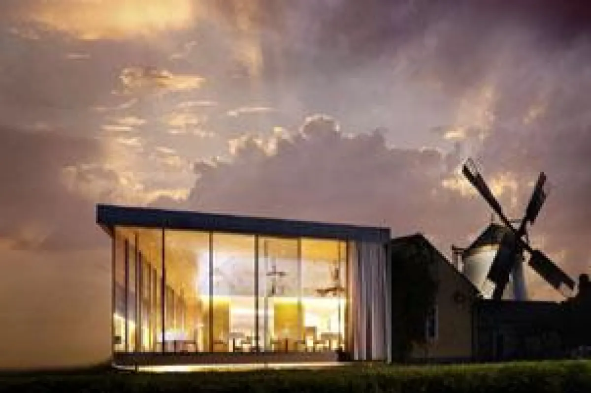 Bühnenreife Inszenierung von Architektur und Wein: Die historische Retzer Windmühle mit dem von Spitzbart neu gestalteten Heurigen