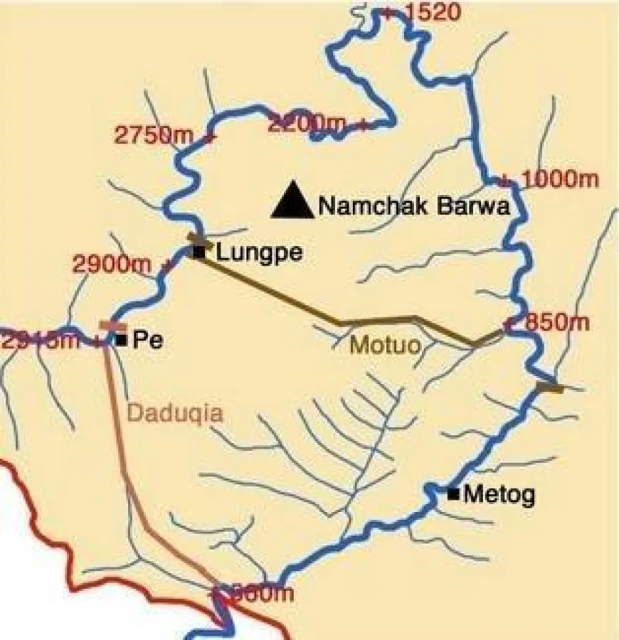 Die große Flußschleife des Yarlung Tsangpo, Ausschnitt aus einer Karte von Tashi Tsering