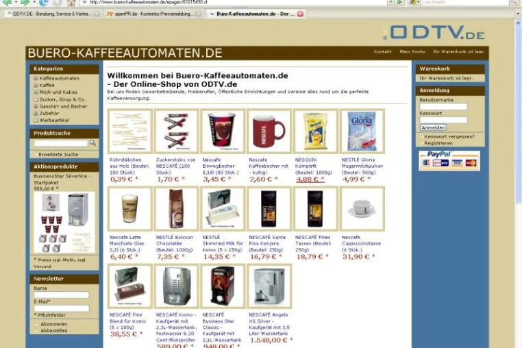 Bild: Buero-Kaffeeautomaten.de - ODTV-Vertrieb.de eröffnet Online-Shop für die Kaffeeversorgung im Büro