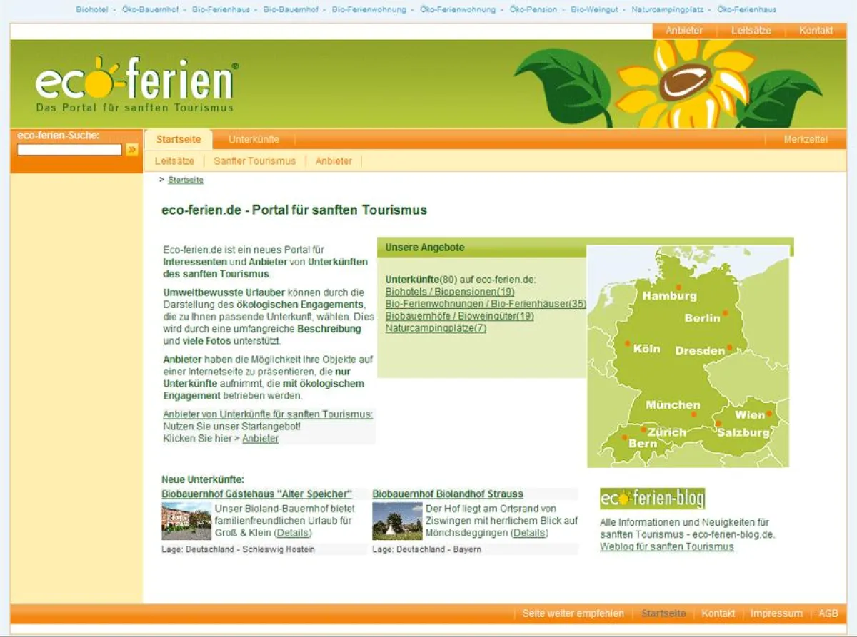 Eco-ferien.de - das Portal für sanften Tourismus bietet Unterkünfte in Deutschland, Österreich und der Schweiz