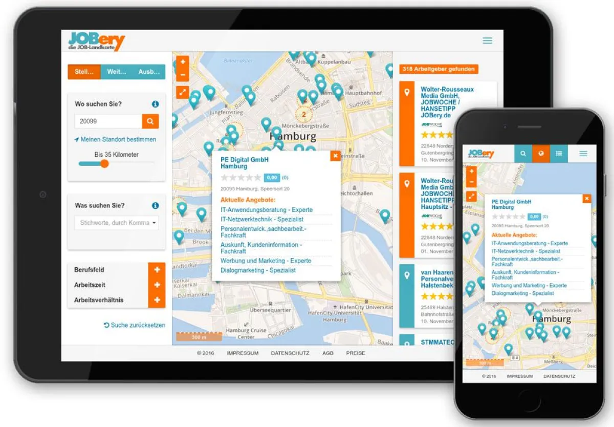 Die grafische Oberfläche von JOBERY.de passt sich auch mobilen Endgeräten problemlos an.