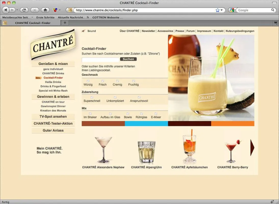 Der Cocktail-Finder auf chantré.de liefert den Drink, den man haben möchte. Eins, zwei Klicks genügen und man findet das Mixgetränk seiner Wünsche.