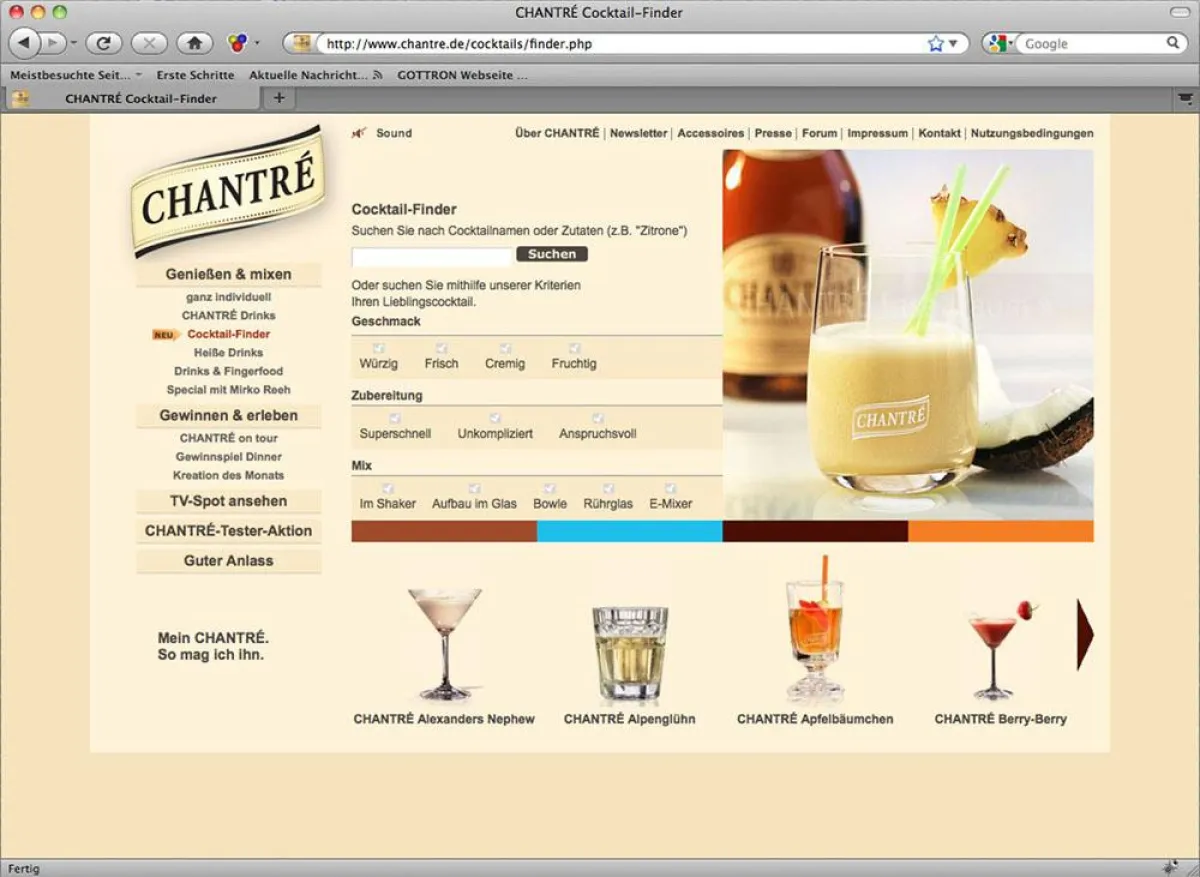 Der Cocktail-Finder auf chantré.de liefert den Drink, den man haben möchte. Eins, zwei Klicks genügen und man findet das Mixgetränk seiner Wünsche.
