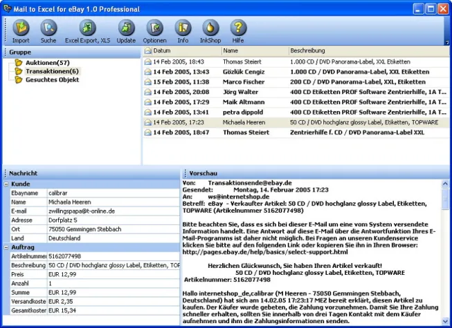 Bild: Mail to Excel for eBay 1.0: Auktionsdaten nach Excel übernehmen