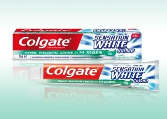 Bild: Colgate Sensation White GoPure Zahncreme Gel entfernt Toxine für reine, weißere Zähne in nur 14 Tagen