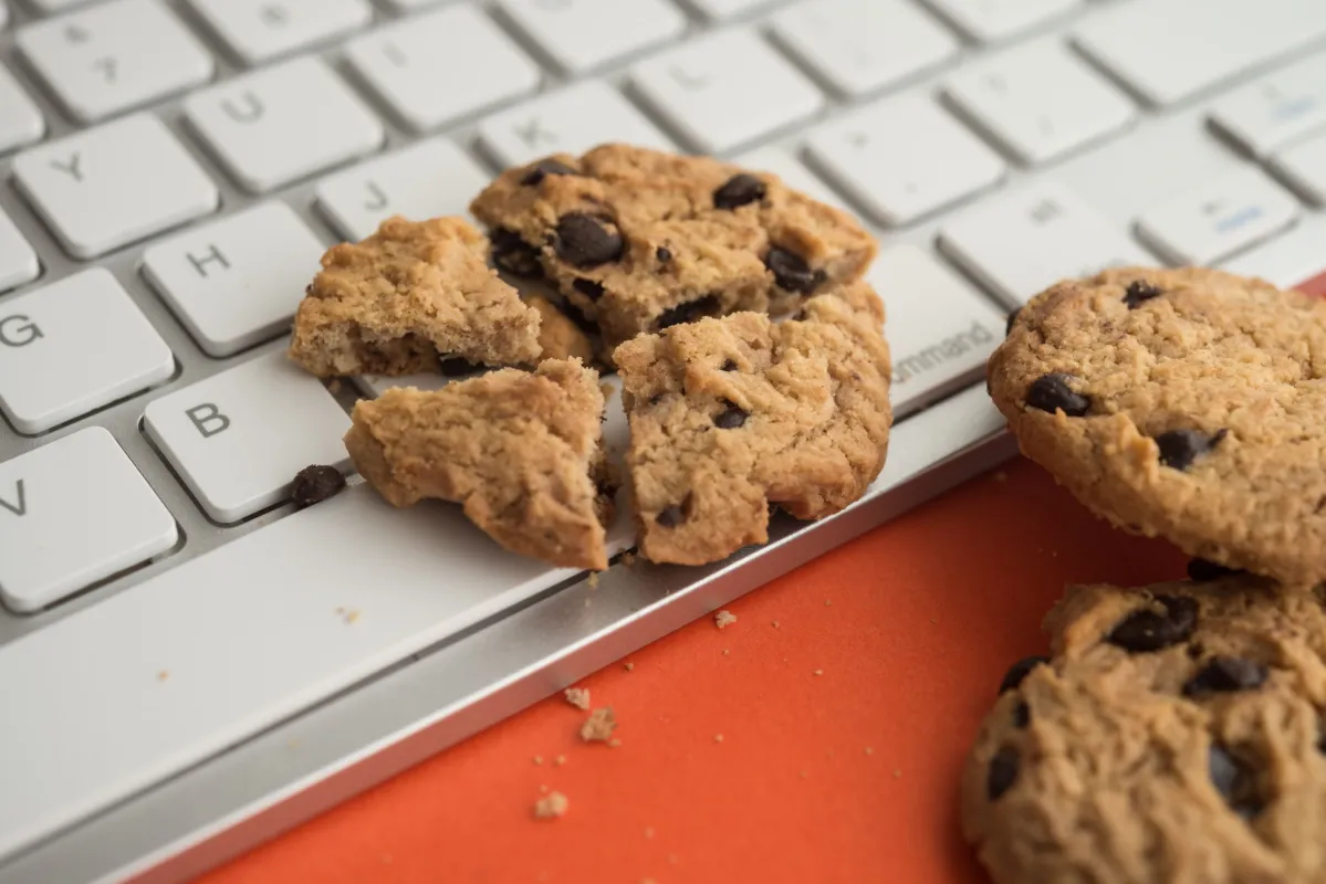 Broken chocolate chip cookies on keyboard (© Adobe Stock/pla2na #906231147)