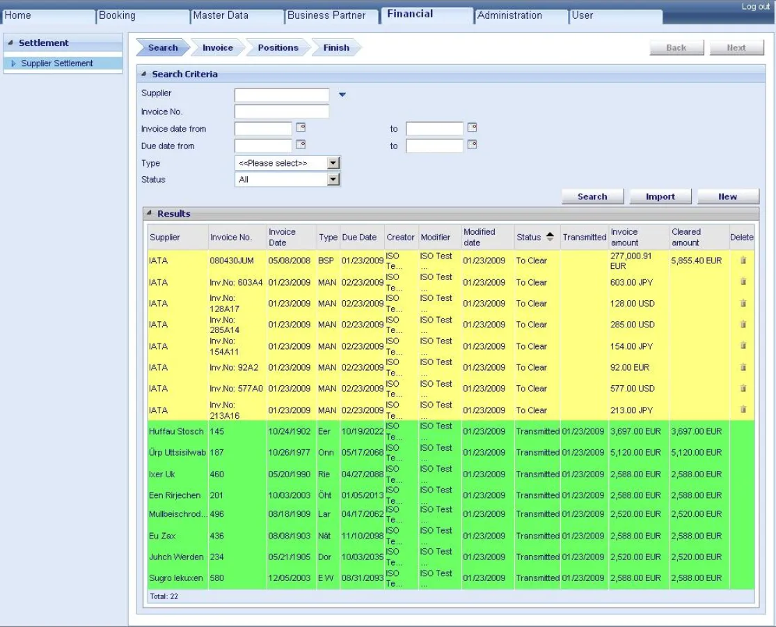 Screenshot des Rechnungs-Abgleich-Prozesses in Pacific: Grün dargestellte Rechungen wurden automatisch abgeglichen, gelbe Zeilen bedürfen eines manuellen Abgleichs durch den Anwender.